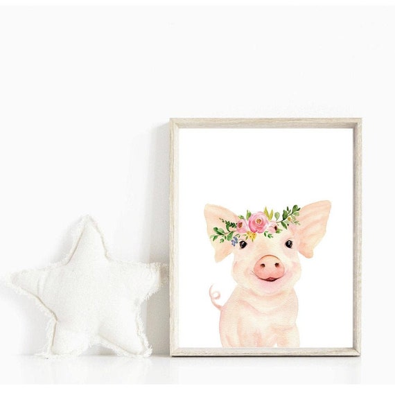 Piglet Watercolor Print, Floral Crown, Farm Animal Nursery Art (Digital Download)