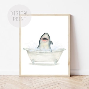 Baby Shark in a Bathtub Print, Bathroom Art PRINTABLE, Shark Taking a Bath, Funny Bathroom Wall Art, Shark Bubble Bathing, Kids Bathroom Art