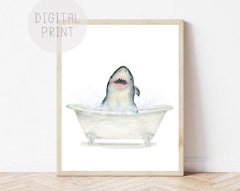 Baby Shark Bubble Bath Watercolor Print, Kids Bathroom Art (Digital Download)