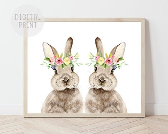 Twins Nursery Wall Art, Bunny Watercolor Print (Digital Download)