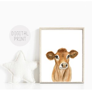May include: A watercolor painting of a brown and white calf with large, expressive eyes. The calf is looking directly at the viewer. The background is white.