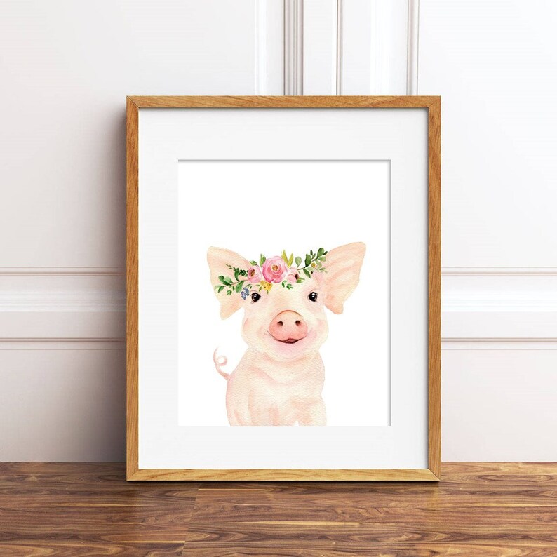 May include: A watercolour painting of a pink pig wearing a flower crown. The pig is looking at the viewer with a happy expression. The background is white.