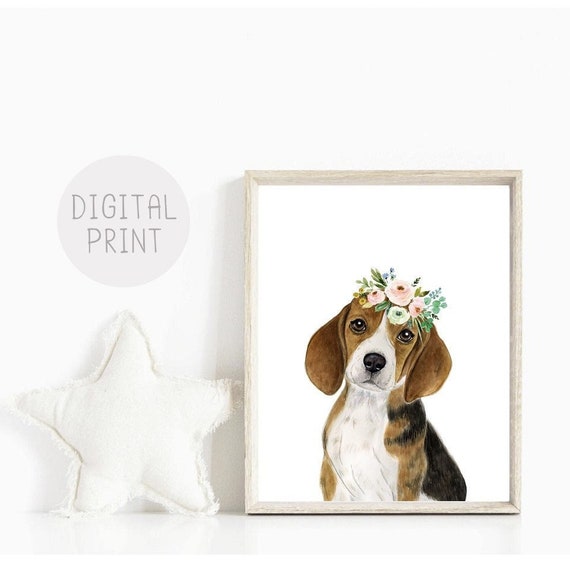 Arte della parete Beagle stampa cucciolo Beagle STAMPABILE cane acquerello con corona di fiori arredamento della camera della bambina arte della parete del cucciolo Etsy Italia