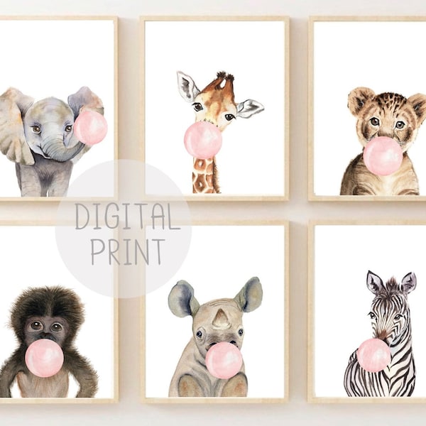 Set of 6 Nursery Decor Safari Animals Pink Bubble Gum Giraffe Zebra Monkey Rhino Elephant Children Room Decor Cute Animal Wall Art Printable