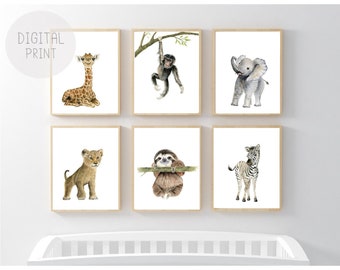 Safari Nursery Prints, Watercolor Baby Animals Art (Set of 6) (Digital Download)