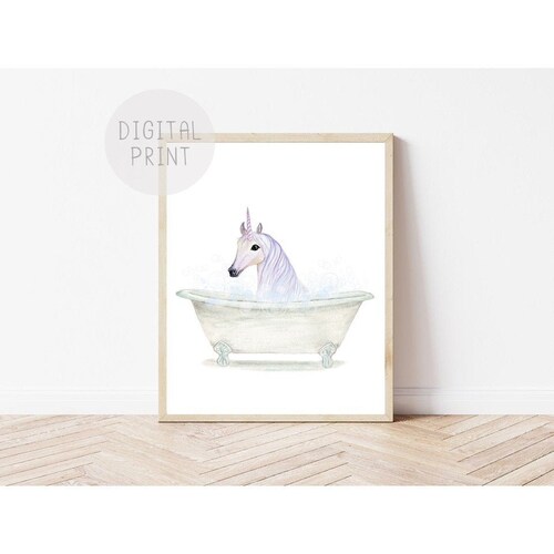 Unicorn Bathroom Art, Unicorn Print, PRINTABLE. Unicorn in Bathtub, Unicorn Bathroom Decor, Funny Bathroom Wall Art, Girl Bathroom Art