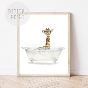 Giraffe in a Bathtub Print, Child&#39;s Bathroom Art PRINTABLE, Baby Giraffe Taking a Bubble Bath, Bathroom Décor, Kids Bathroom Wall Art