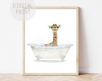 Giraffe in Bathtub Watercolor Print, Kids Bathroom Decor (Digital Download)