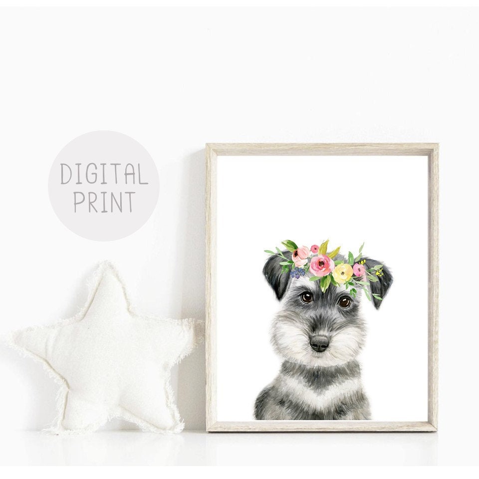 Nursery Puppy Décor, Miniature Schnauzer Puppy Print, PRINTABLE, Watercolor Puppy with Flower Crown, Baby Girl Room Décor, Bulldog Wall Art