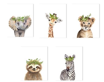 Safaridieren kinderkamerprintset, aquarel babydieren (digitale download)