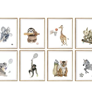 Animals Print Set of 8 Watercolor Nursery Painting Decor Safari Animals Playing Sports Baby Animals Wall Art Printable