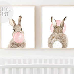Conjunto de 2 conejito conejo trasero cartel bebé niña habitación arte vivero decoración rosa chicle descarga instantánea lindo bosque animal pared arte imprimible