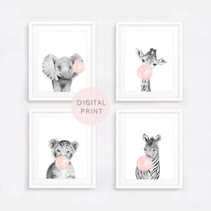 Set von 4 Kinderzimmer Dekor PRINTABLE Rosa Bubble Gum Safari Tiere Poster schwarz weiß Giraffe Zebra Kinderzimmer Dekor niedliche Tier Wandkunst