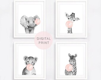 Láminas de animales de safari para guardería, decoración en color chicle rosa (descarga digital)
