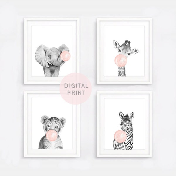 Ensemble de 4 Nursery Decor PRINTABLE Rose Bubble Gum Safari Animaux Affiches Noir Blanc Girafe Zèbre Enfants Chambre Décor Mignon Animal Wall Art