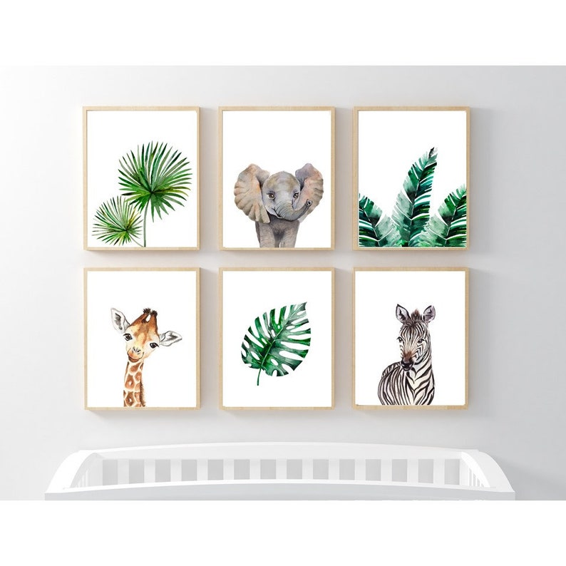 Set of 6 Giraffe Print Zebra Print Elephant Print Tropical Leaves Watercolor Gender Neutral Nursery Decor Safari Animal Wall Art Printable 