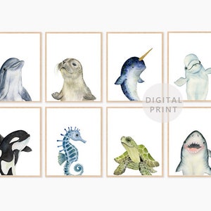 Set of 8 Ocean Nursery Prints, PRINTABLE, Ocean Animals Art, Under the Sea Wall Art, Gender Neutral Nursery Decor, Nautical Nursery Prints