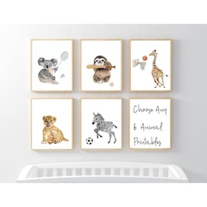 Sports Animals Nursery Print Set, Watercolor Safari Art (Digital Download)