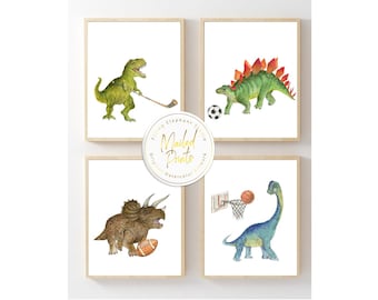 Dinosaur Sports Nursery Prints, Set of 4, Baby Boy Decor
