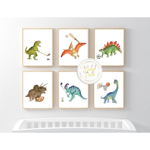 Dinosaur Sports Nursery Prints, Baby Boy Room Decor (Set of 6)