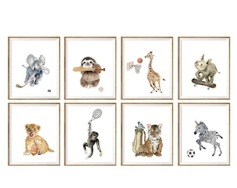 Sports Animals Nursery Prints, Watercolor Safari Art (Digital Download)