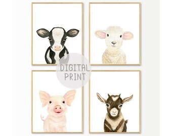 Farm Animal Watercolor Prints, Set of 4, Nursery Decor (Digital Download)
