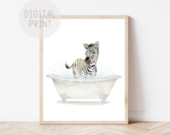 Zebra in Bathtub Watercolor Print, Funny Bathroom Art (Digital Download)
