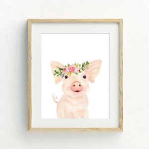 May include: A watercolour painting of a pink pig wearing a flower crown. The pig is smiling and looking at the viewer. The background is white.