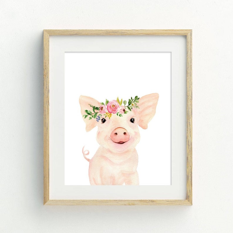 May include: A watercolour painting of a pink pig wearing a flower crown. The pig is smiling and looking at the viewer. The background is white.