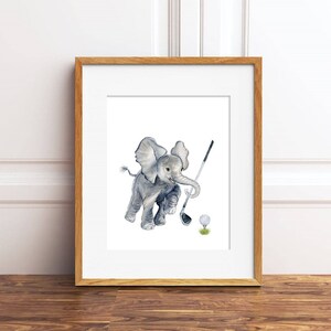 May include: A watercolor painting of a gray elephant swinging a golf club at a white golf ball. The elephant is in mid-swing, with its trunk extended and its legs in the air. The golf ball is on a patch of green grass.