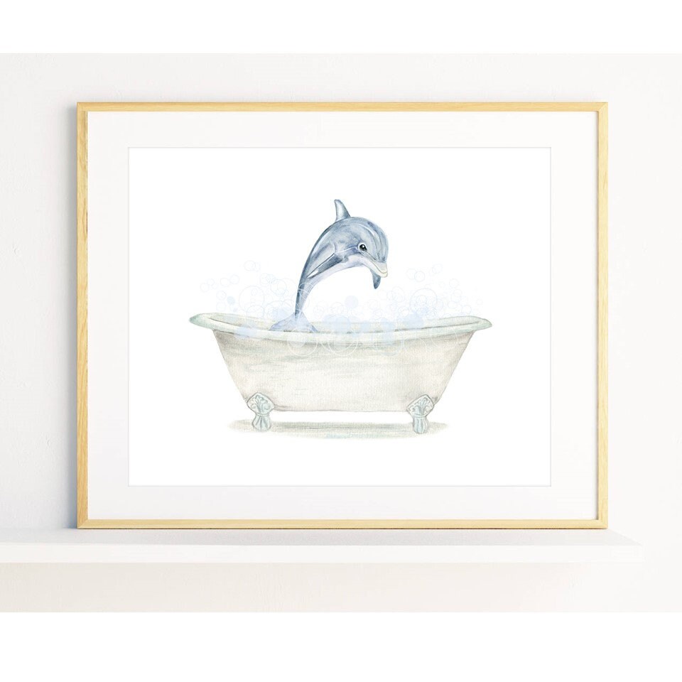 Dolphin Bathtub Bathroom Art PRINTABLE Baby Dolphin Bathing Etsy