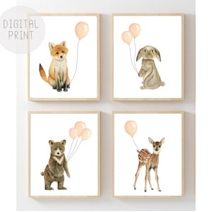 Set of 4 Baby Girl Nursery Decor PRINTABLE Blush Pink Wall Art Peach Coral Color Balloon Woodland Animals Nursery Prints Girl Room Decor