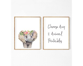 Set of 2 Watercolor Animal Prints, Floral Crown Nursery Decor (Digital Download)