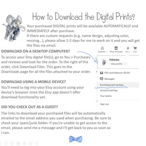 May include: A screenshot of an Etsy shop's help page with instructions on how to download digital prints. The page includes a section on downloading on a desktop computer, a section on downloading using a mobile device, and a section on checking out as a guest. The page also includes a screenshot of the Etsy shop's account settings.