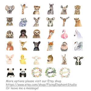 May include: A collection of 36 watercolour animal illustrations, including a giraffe, zebra, elephant, panda, fox, and more. Each animal is depicted in a cute and whimsical style, perfect for children's decor or personalised gifts.
