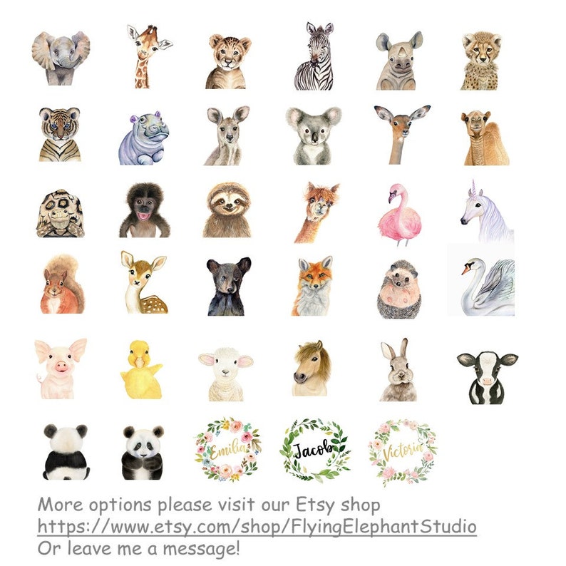 May include: A collection of 36 watercolour animal illustrations, including a giraffe, zebra, elephant, panda, fox, and more. Each animal is depicted in a cute and whimsical style, perfect for children's decor or personalised gifts.
