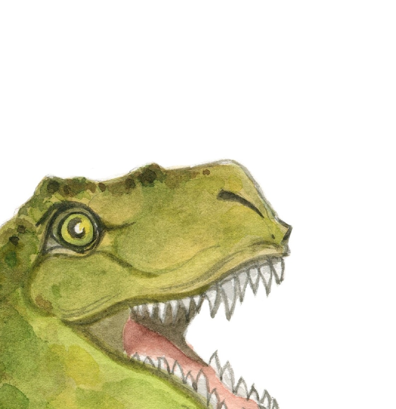 Op de afbeelding: Waterverf schilderij van een groene dinosaurus met een open mond die scherpe tanden laat zien. Het oog van de dinosaurus is groen en de achtergrond is wit.