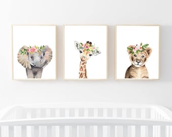 Aquarell Safari Tiere Drucke Kinderzimmer, 3er Set (Digitaler Download)
