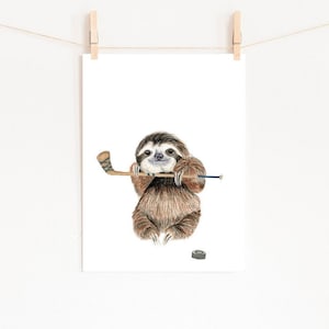 Hockey Nursery Décor PRINTABLE Baby Sloth Playing Hockey Boy&#39;s Room Nursery Décor Hockey Fan Gift Toddler Wall Art Hockey Nursery Art