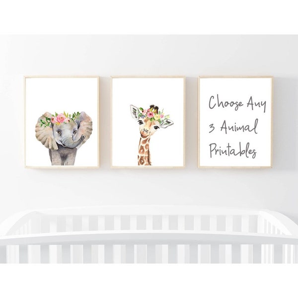 Set of 3 Animals Prints Custom Animal Nursery Decor Safari Baby Animals with Flower Crown Baby Girl Room Decor Printable Watercolor Animals
