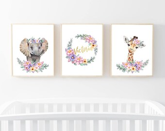 Custom Safari Nursery Art: Floral Elephant & Giraffe Prints (Digital Download)