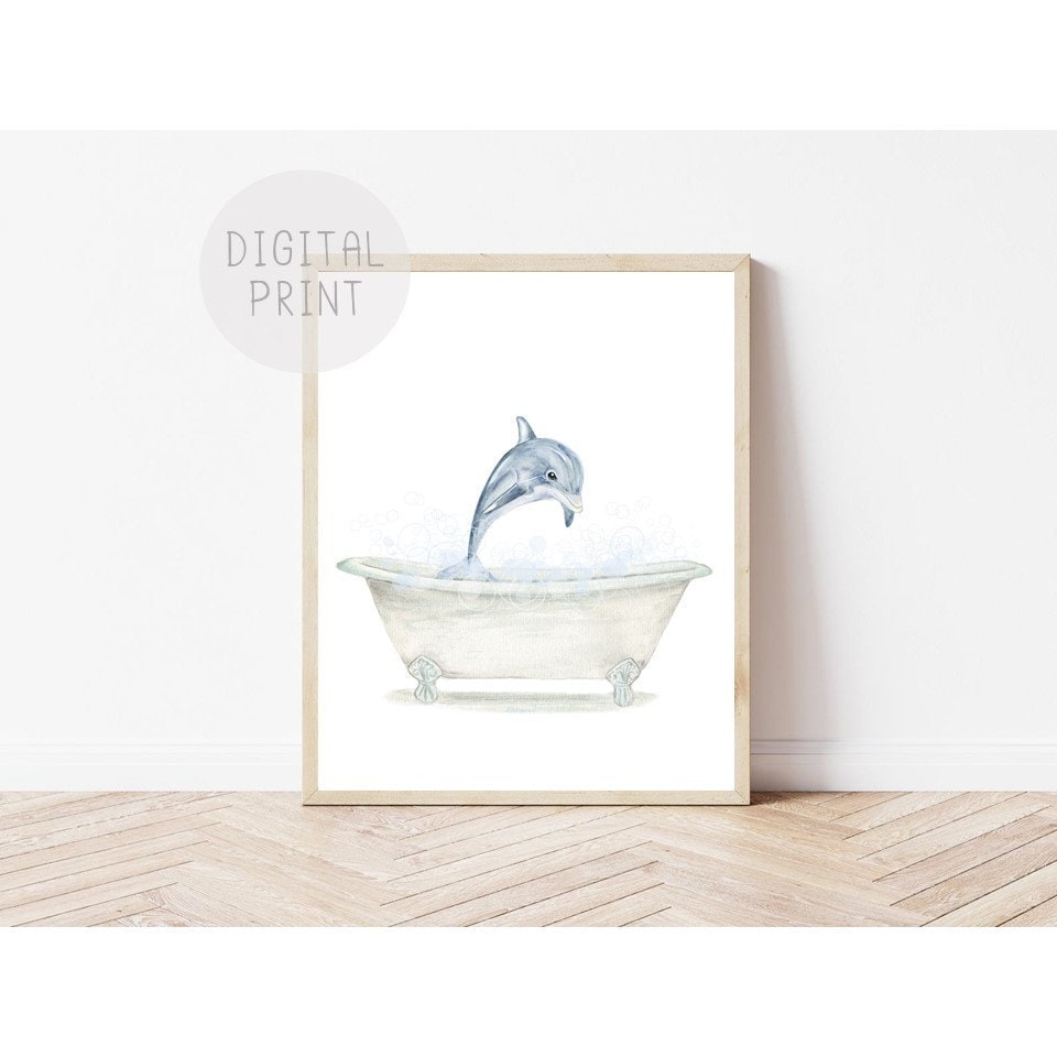 Dolphin Bathtub, Bathroom Art PRINTABLE, Baby Dolphin Bathing, Funny Bathroom Wall Art, Dolphin Bubble Bathing, Kids Bathroom Art