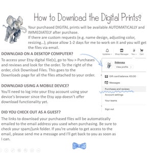 K&ouml;nnte beinhalten: Ein Screenshot einer Etsy-Shop-Hilfeseite mit Anweisungen zum Herunterladen digitaler Drucke. Die Seite enth&auml;lt einen Abschnitt zum Herunterladen auf einem Desktop-Computer, einen Abschnitt zum Herunterladen mit einem Mobilger&auml;t und einen Abschnitt zum Auschecken als Gast. Die Seite enth&auml;lt auch einen Screenshot der Kontoeinstellungen des Etsy-Shops.
