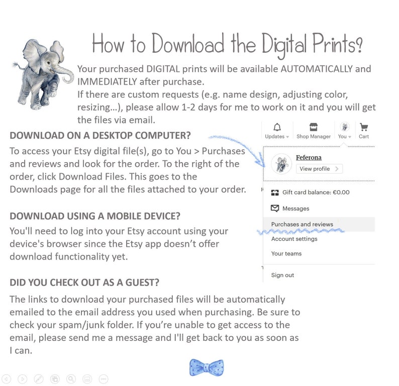 K&ouml;nnte beinhalten: Ein Screenshot einer Etsy-Shop-Hilfeseite mit Anweisungen zum Herunterladen digitaler Drucke. Die Seite enth&auml;lt einen Abschnitt zum Herunterladen auf einem Desktop-Computer, einen Abschnitt zum Herunterladen mit einem Mobilger&auml;t und einen Abschnitt zum Auschecken als Gast. Die Seite enth&auml;lt auch einen Screenshot der Kontoeinstellungen des Etsy-Shops.