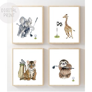 Golf Animals Watercolor Print Set, Nursery Sports Art (Digital Download)