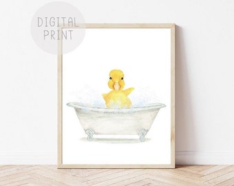 Yellow Duckling in a Vintage Bathtub, PRINTABLE, Bathroom Wall Art, Baby Duck in Tub, Duckling Bubble Bathing, Kids Bathroom Art