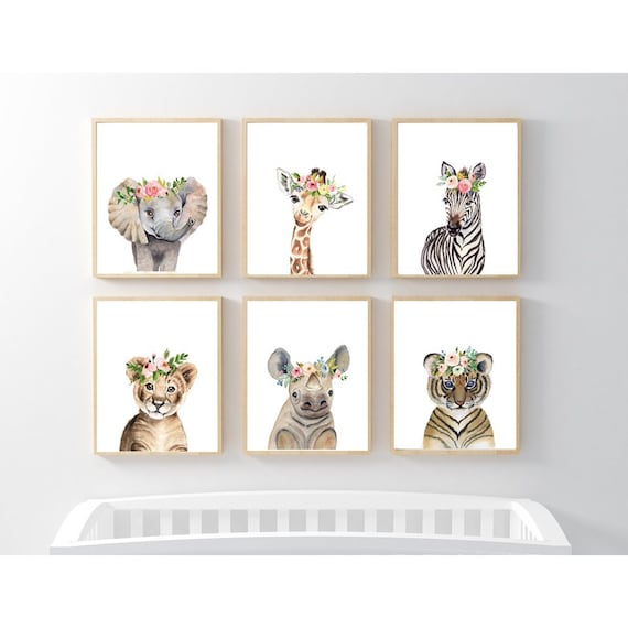 Watercolor Safari Animal Prints, Floral Crown Nursery Decor (Set of 6) (Digital Download)