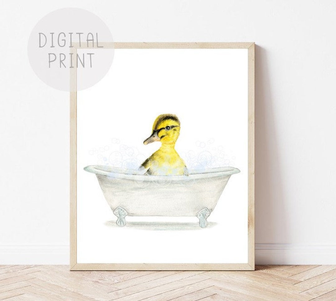 Yellow Baby Duck in a Vintage Bathtub, Bathroom Art PRINTABLE, Duckling ...