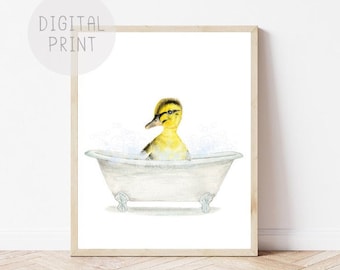 Yellow Baby Duck in a Vintage Bathtub, Bathroom Art PRINTABLE, Duckling Bath, Bathroom Wall Art, Duckling Bubble Bathing, Kids Bathroom Art