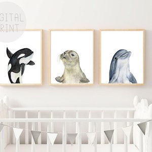 Set of 3 Ocean Nursery Decor, PRINTABLE, Ocean Animals Art, Orca Print, Dolphin Print, Otter Print, Seal Print, Nautical Nursery Prints